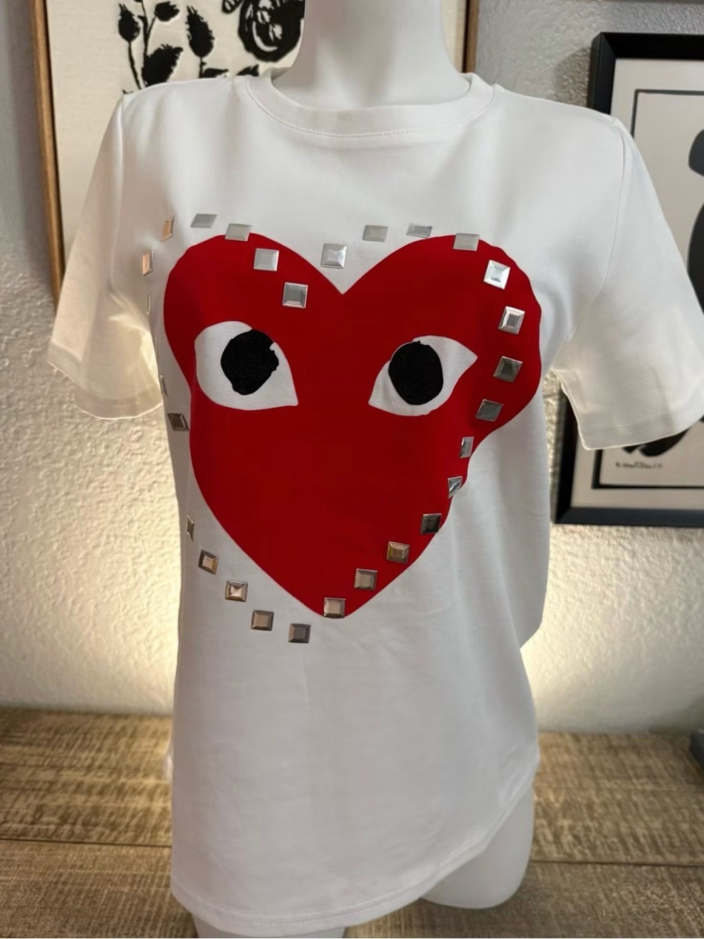 Women’s White Short-Sleeve Stretch Tee with PLAYheart Graphic and Silver Studs
